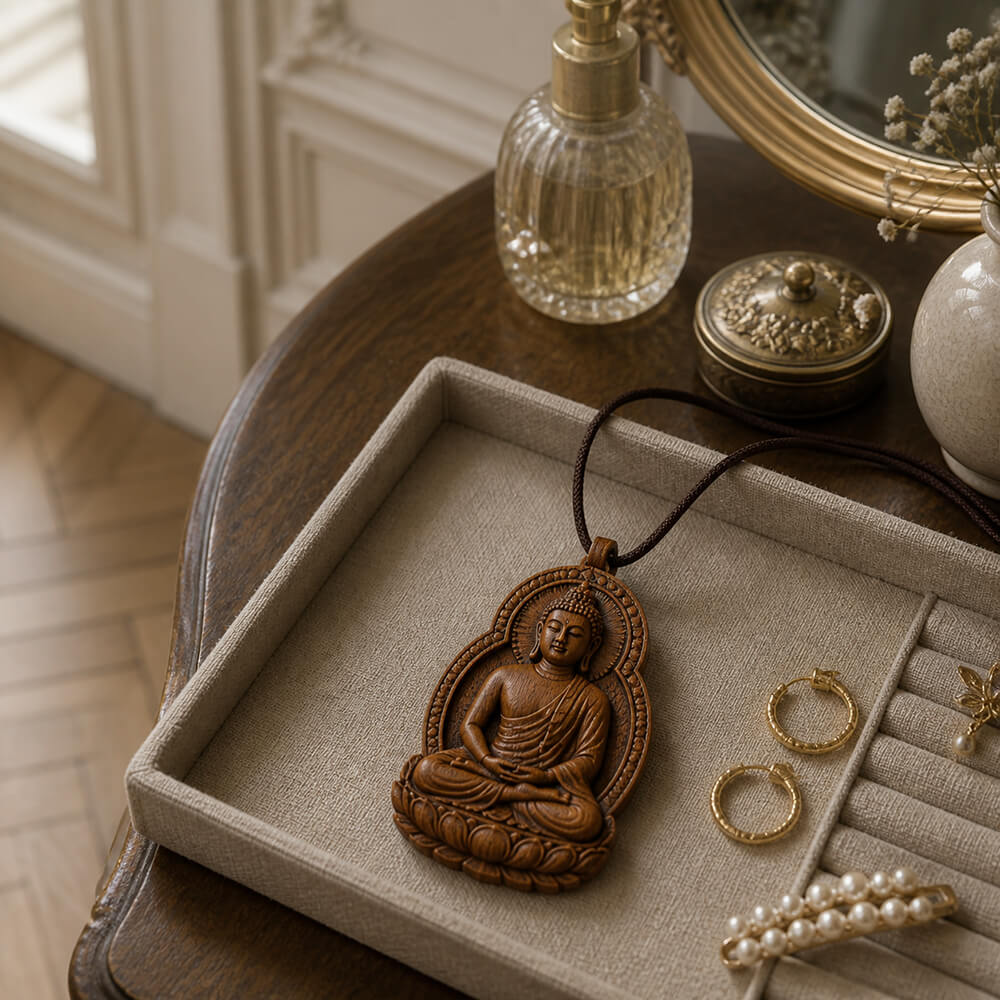 Hand Carved Wood Buddha Pendant Necklace In Boho Spiritual Jewelry