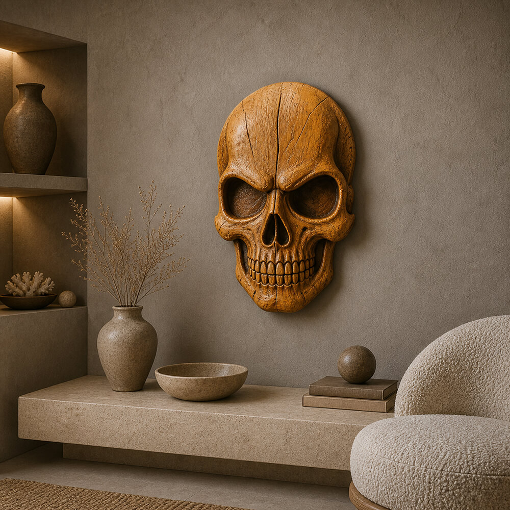 Wooden skull relief wall decor in a modern neutral interior