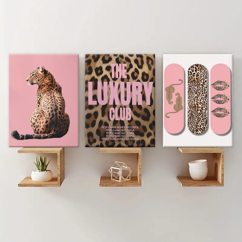 Y2K pink leopard wall art set in a modern interior