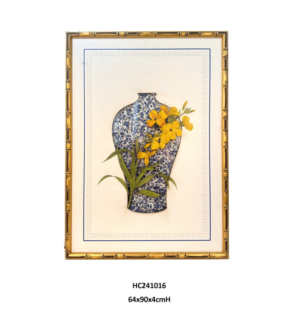 Floral porcelain wall art with yellow orchids and a blue and white mosaic vase