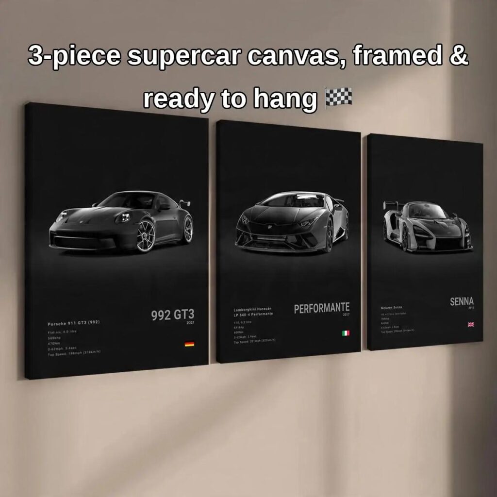 3 piece supercar canvas wall art featuring three black performance cars