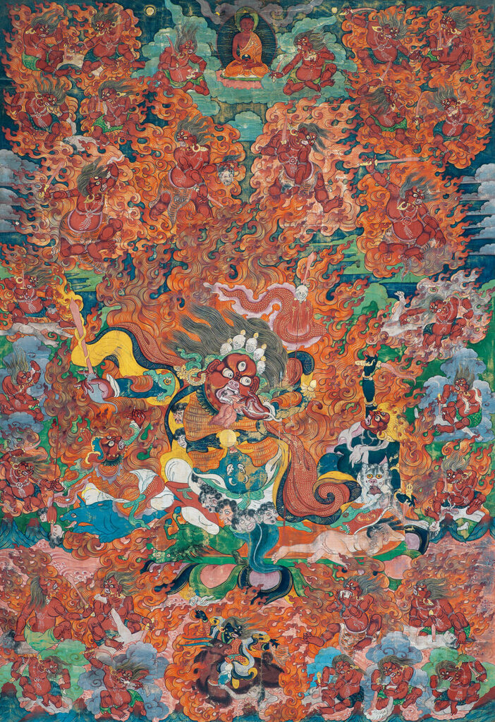 Buddhist painting - Thangka, large red, Gelug school, Mongolian style, on silk