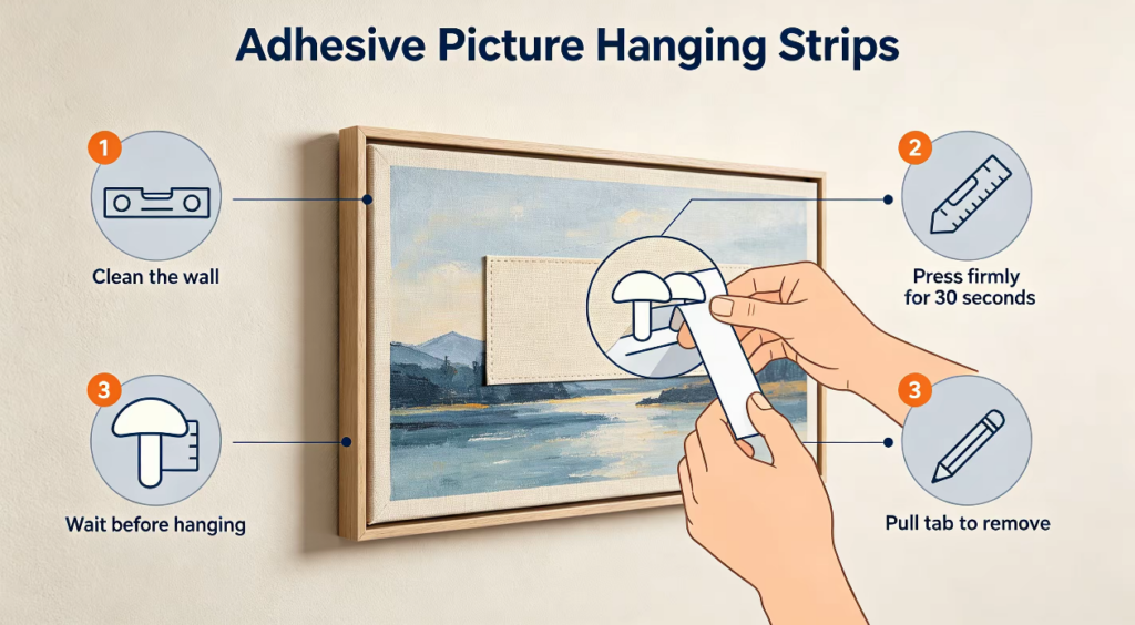 Adhesive picture hanging strips applied to framed wall art