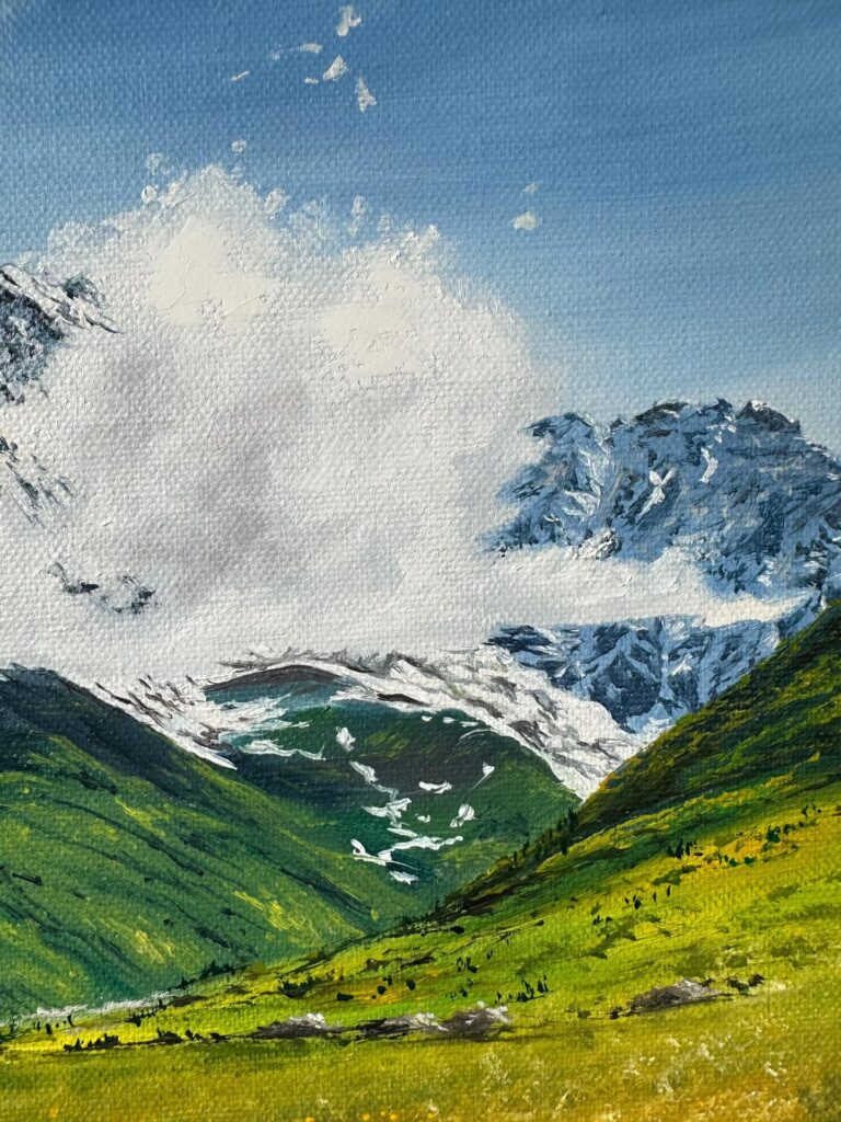 Painted mountain ridges and clouds detail