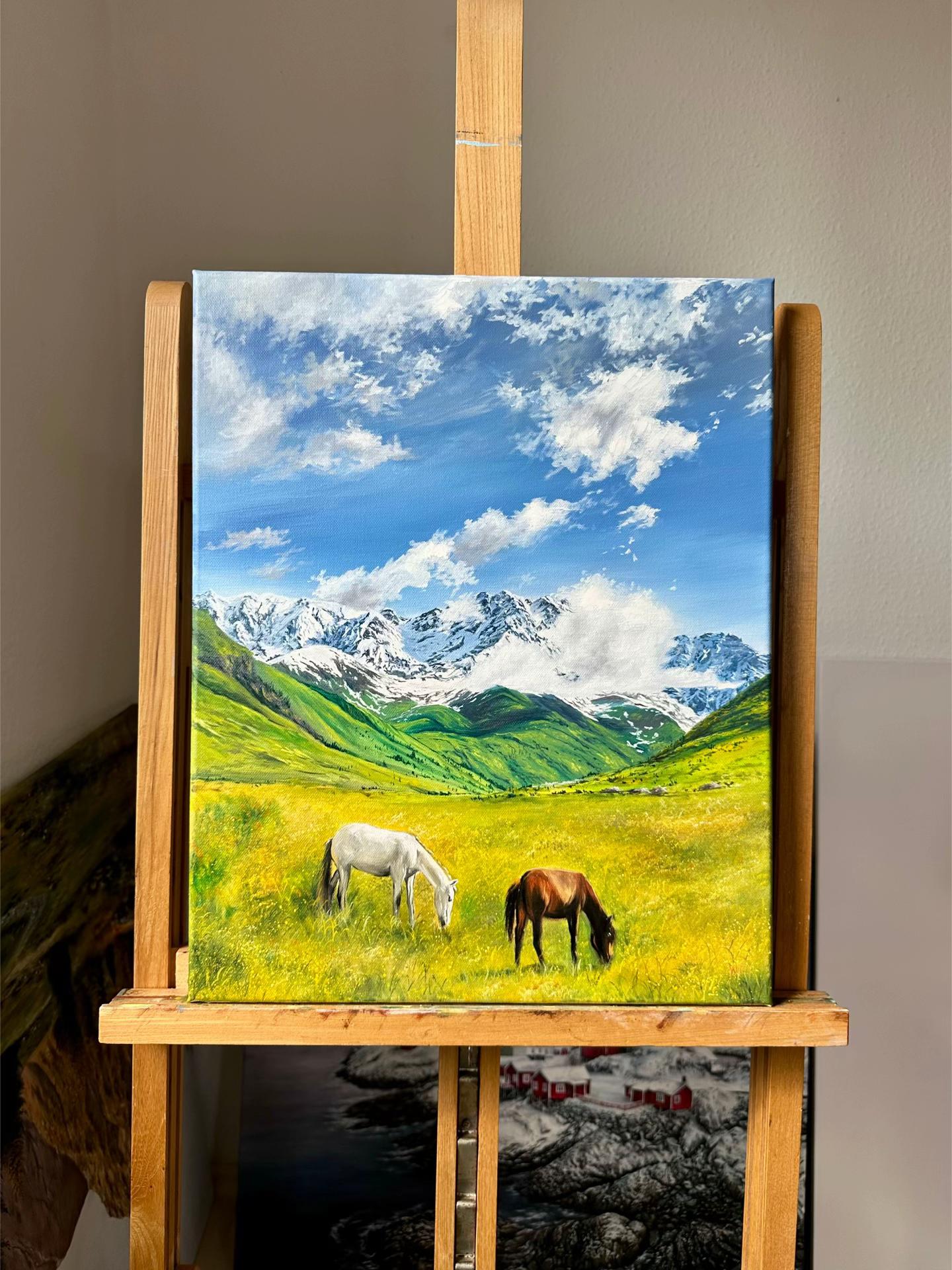 Hand Painted Alpine Mountain Horse Oil Painting Textured Scenic Canvas Artwork Bestseller