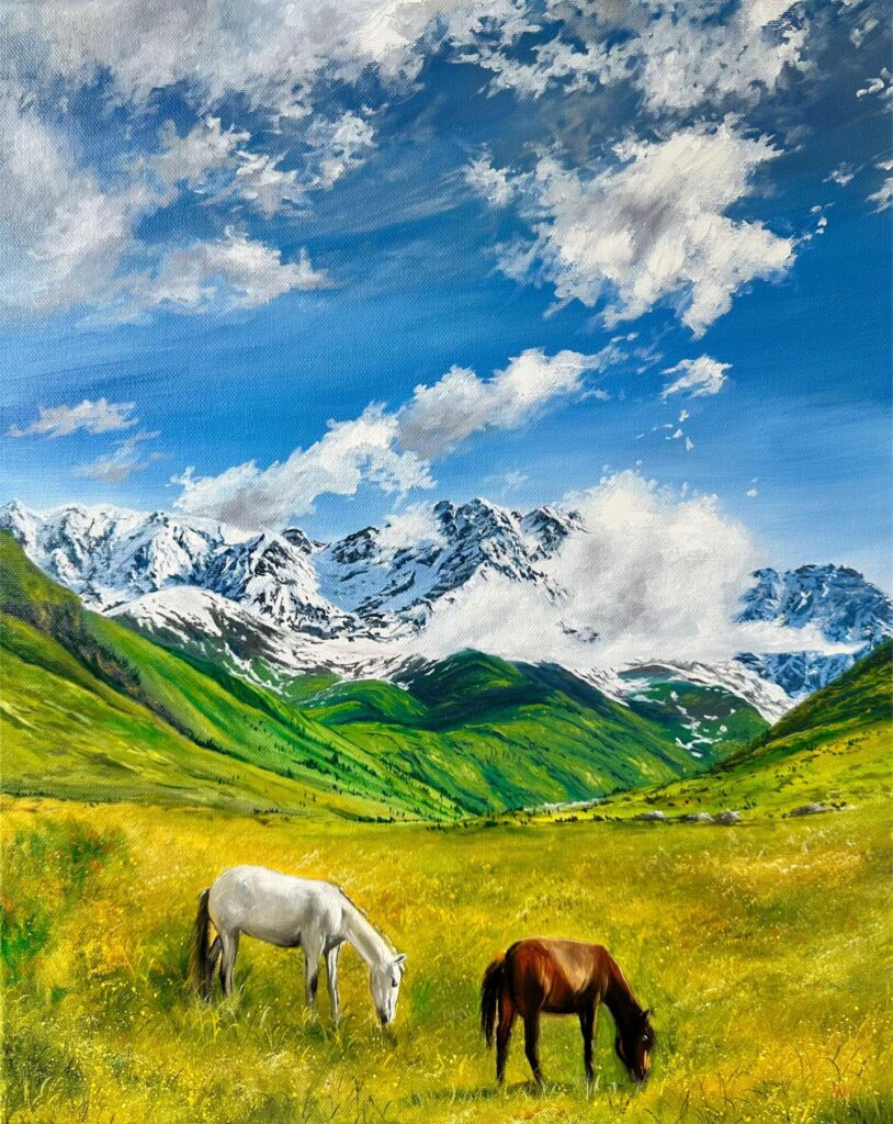 Alpine mountain horse oil painting displayed on easel