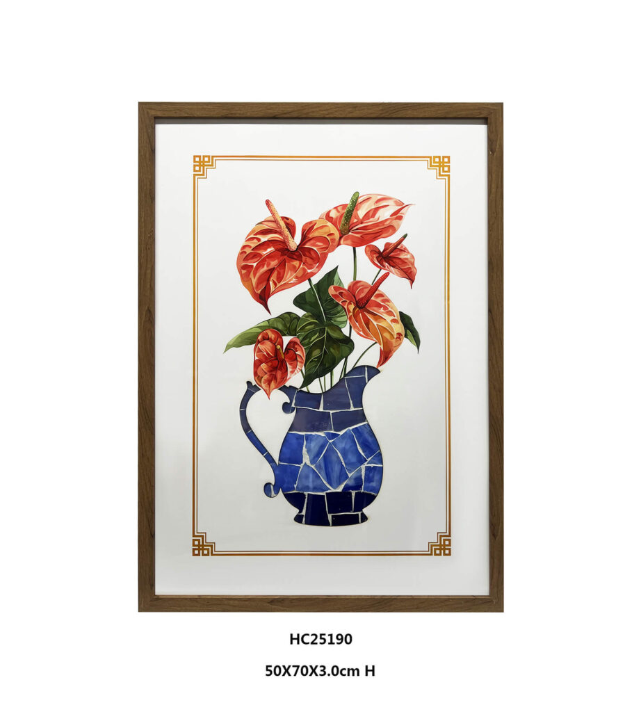 Red anthurium glass wall art with a blue mosaic vase and gold border