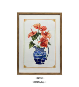 Framed anthurium glass wall art with red blooms and a blue mosaic vase