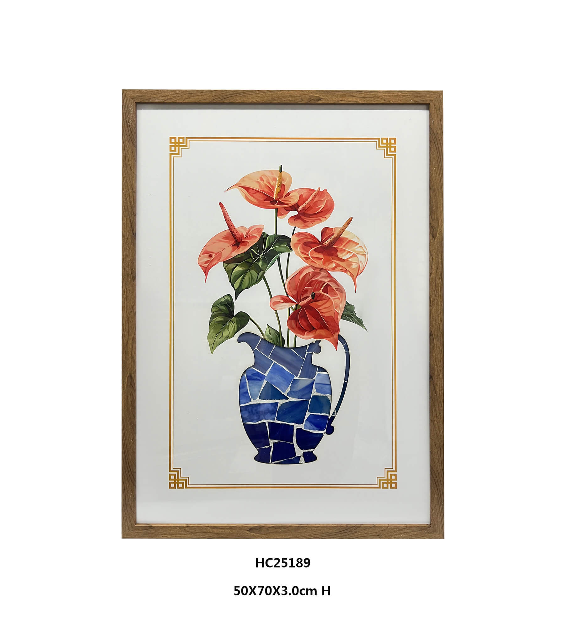 Framed anthurium glass wall art with red blooms and a blue mosaic vase