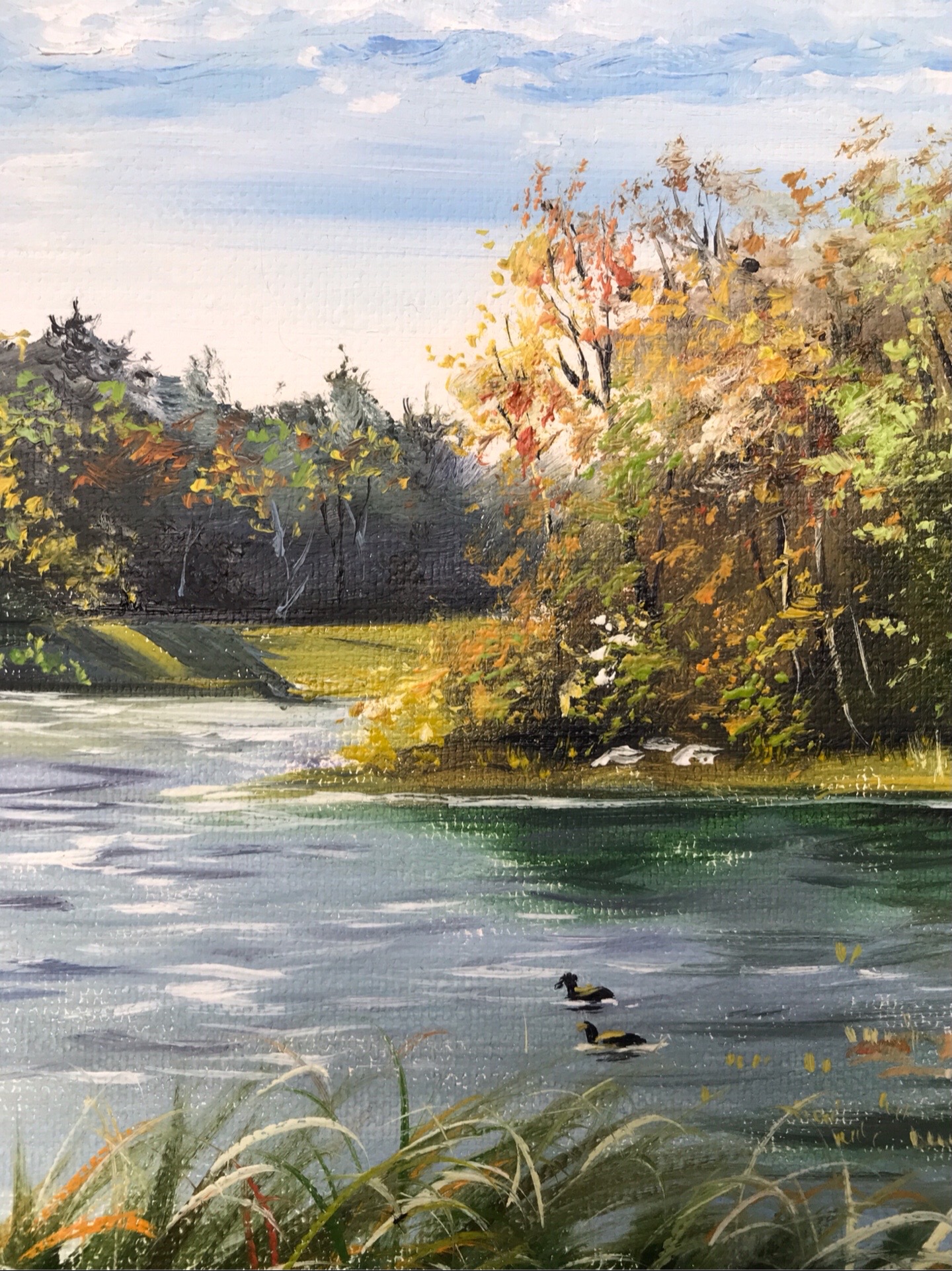 Autumn lake landscape oil painting with reeds woodland and waterbirds