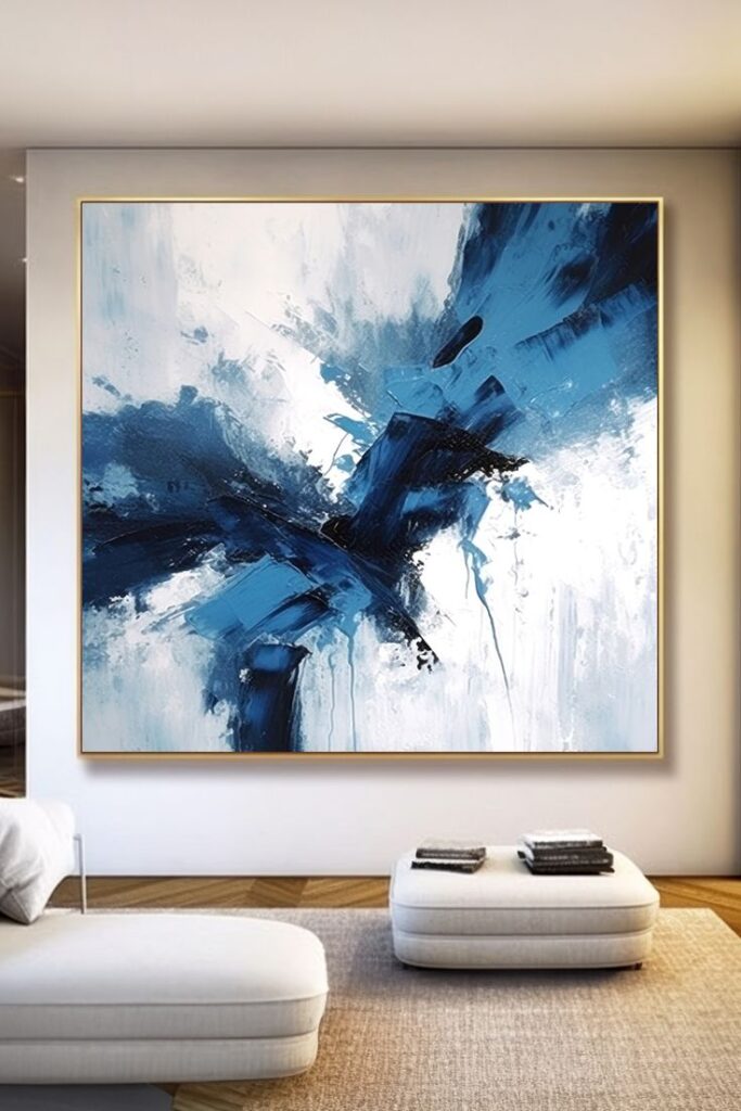 Blue abstract wall art in a modern living room