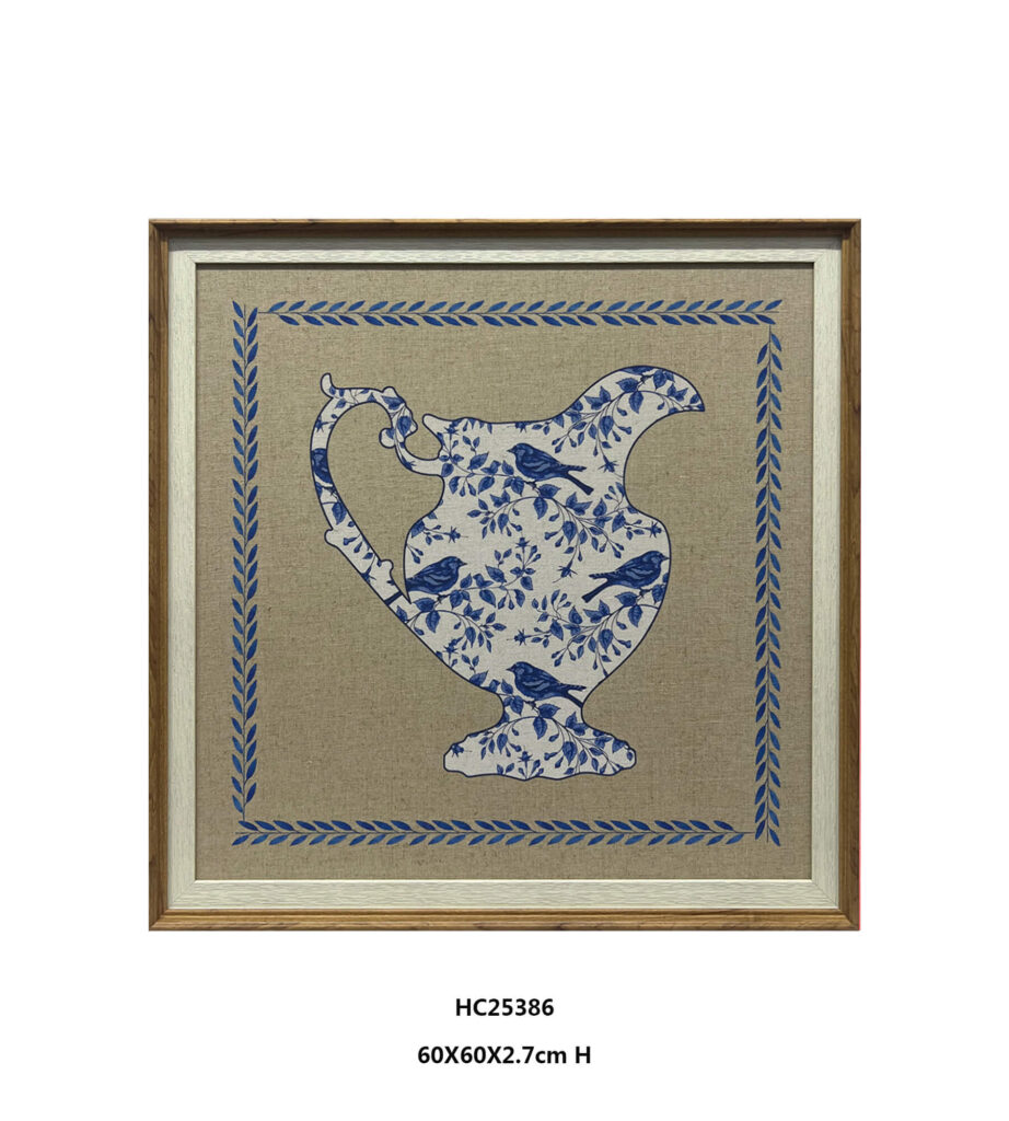 Framed blue and white pitcher wall art with botanical bird motifs