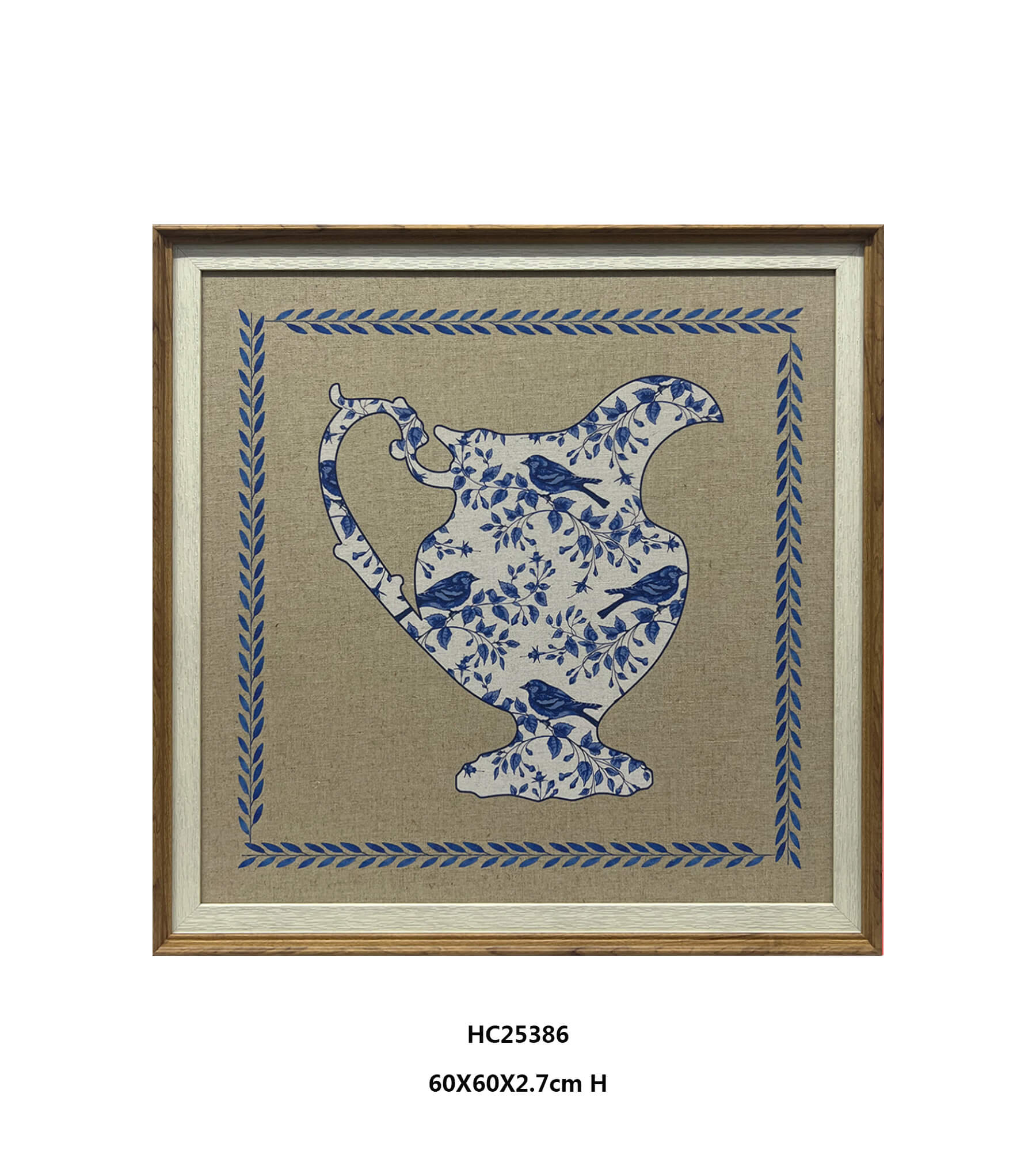 Framed blue and white pitcher wall art with botanical bird motifs