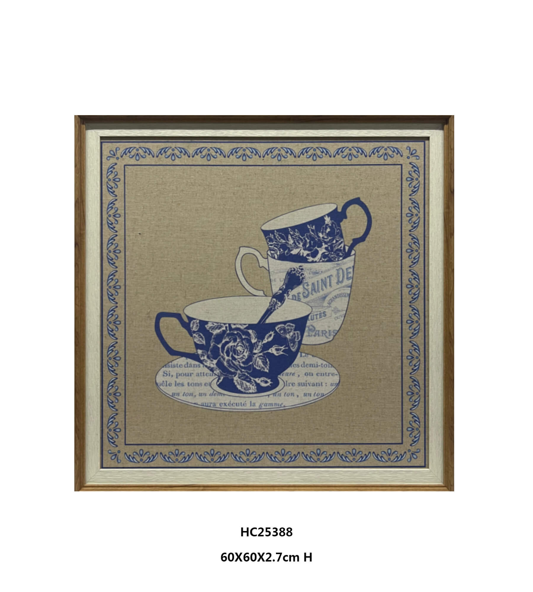 Blue Floral Teacup Wall Art with Vintage European Typography（60×60cm)
