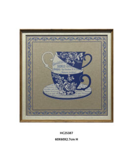 Blue floral teacup wall art with vintage European text