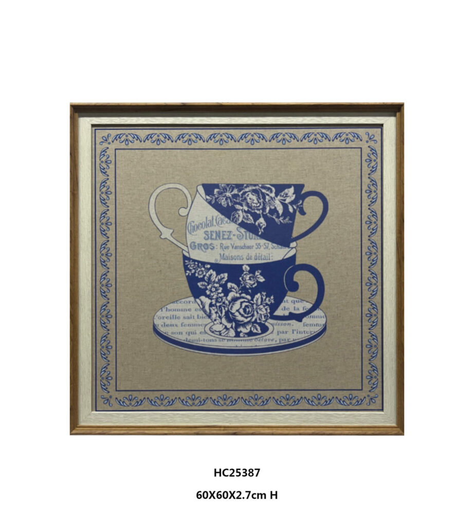 Blue floral teacup wall art with vintage European text