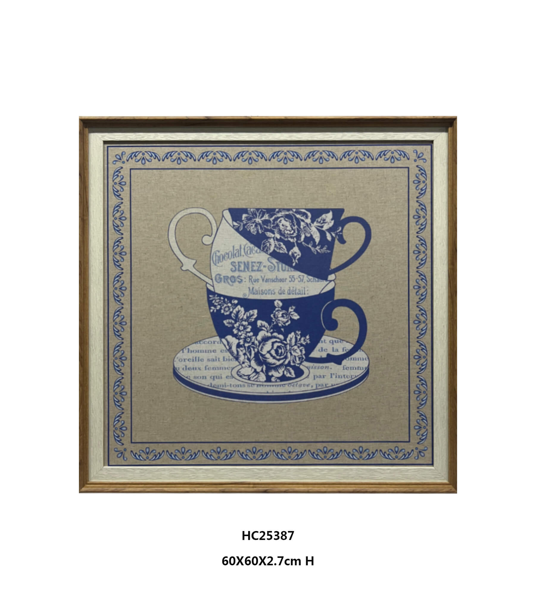 Blue floral teacup wall art with vintage European text