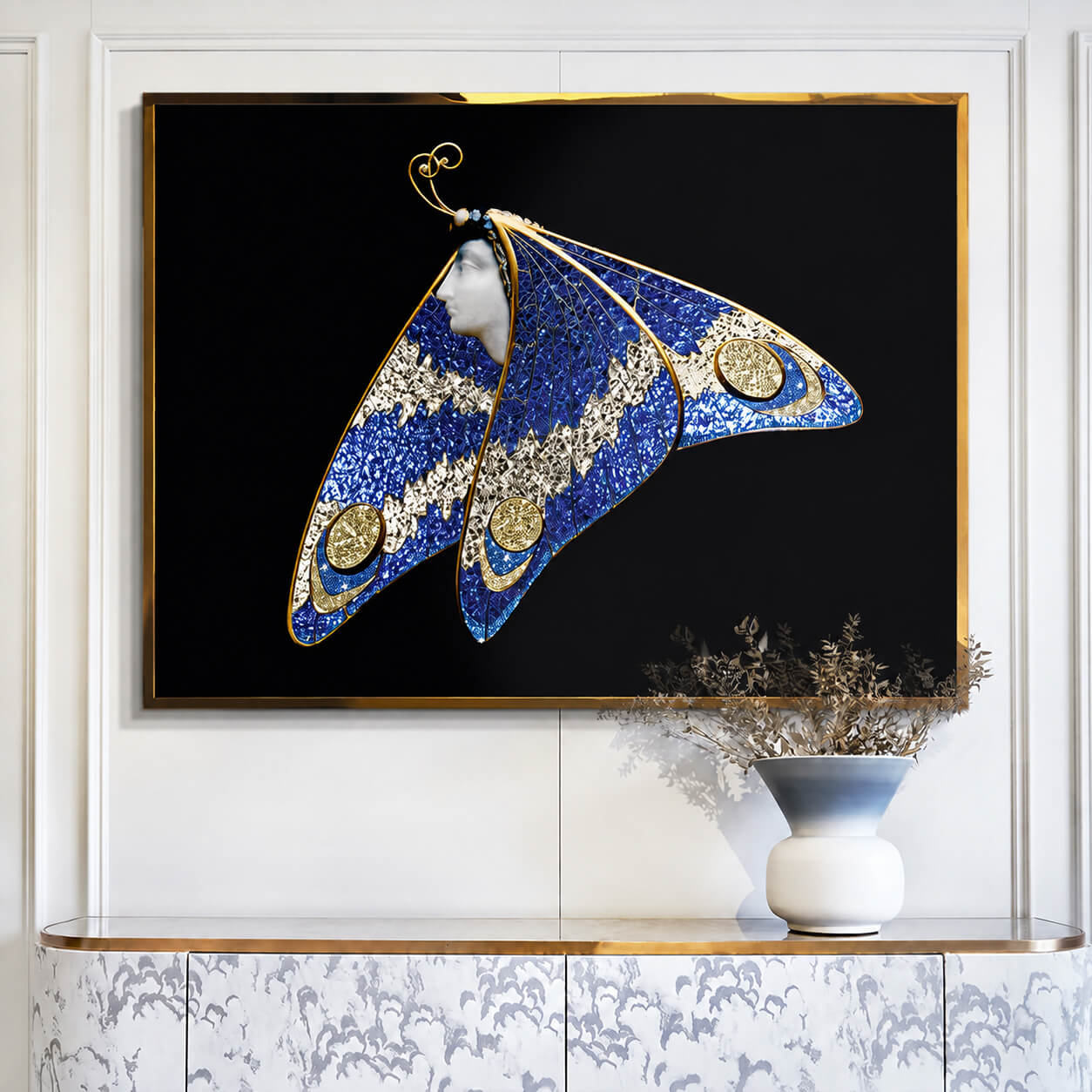 Blue and Gold Crystal Butterfly Wall Art for a Striking Living Room
