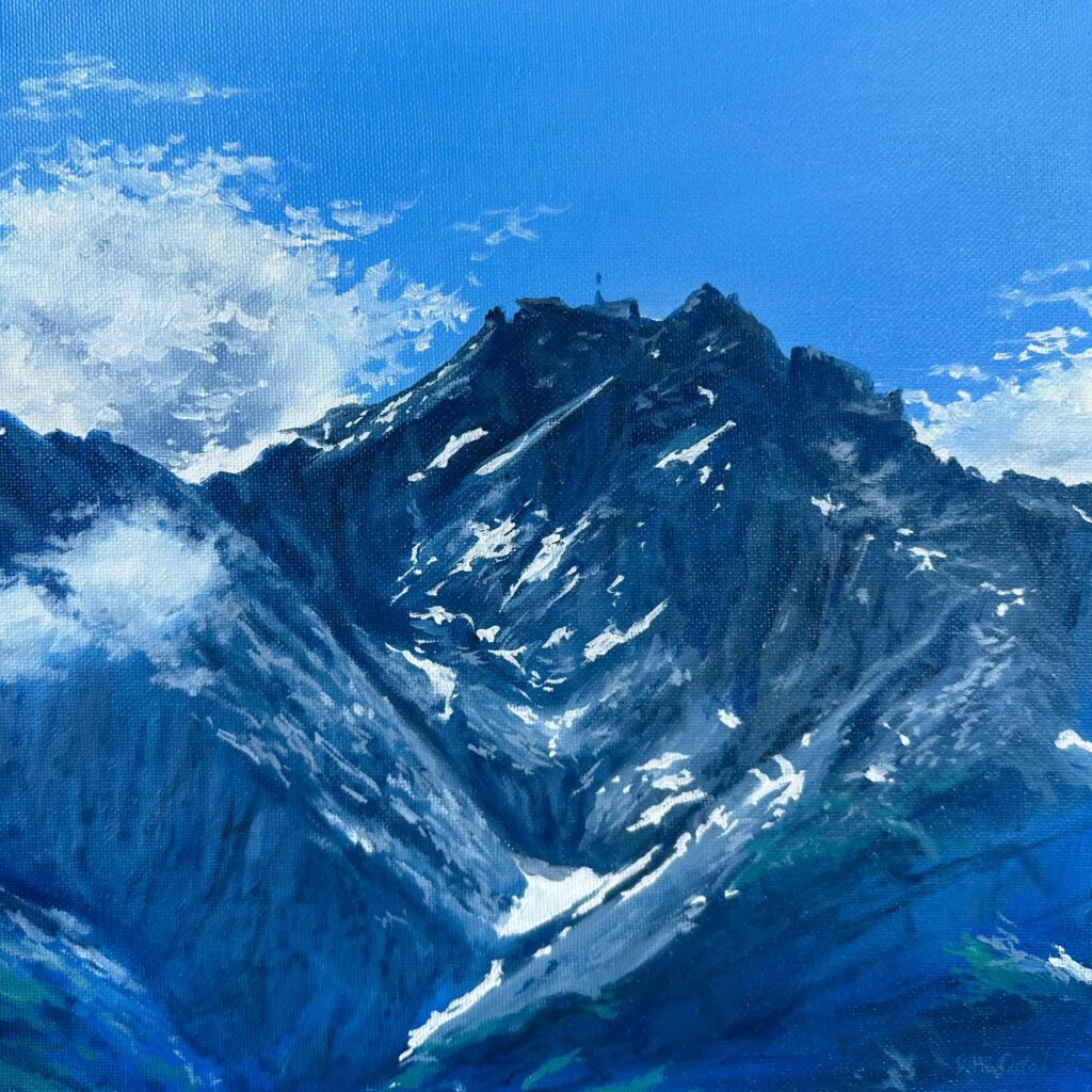 Blue mountain oil painting with cloud layers and snowy highlights