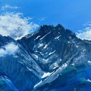 Blue mountain oil painting with cloud layers and snowy highlights