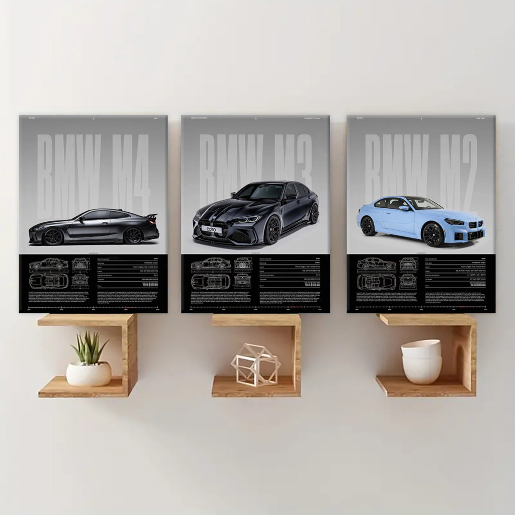 BMW M Series canvas wall art set above modern wooden shelves