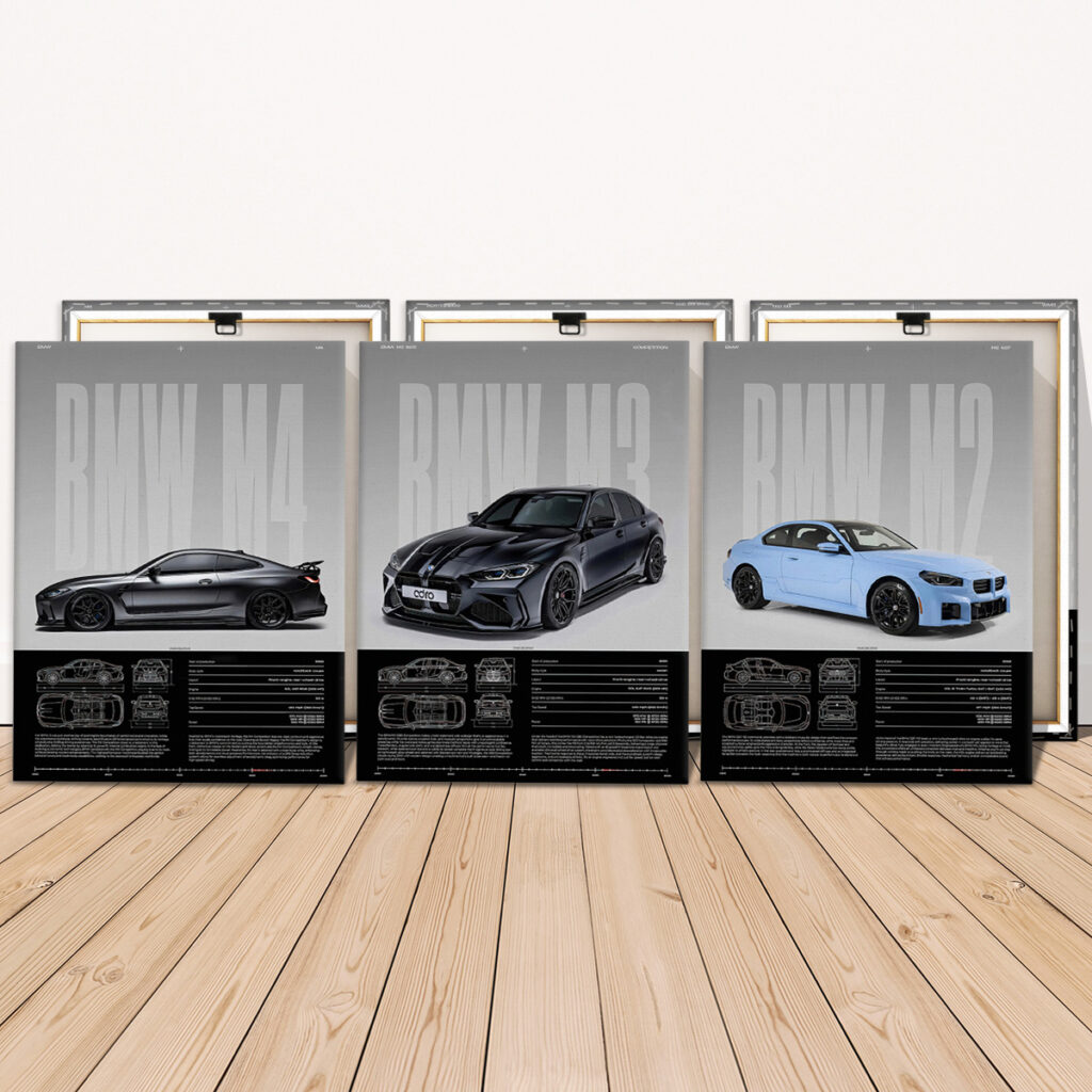Front and back construction of three stretched BMW M Series canvas prints
