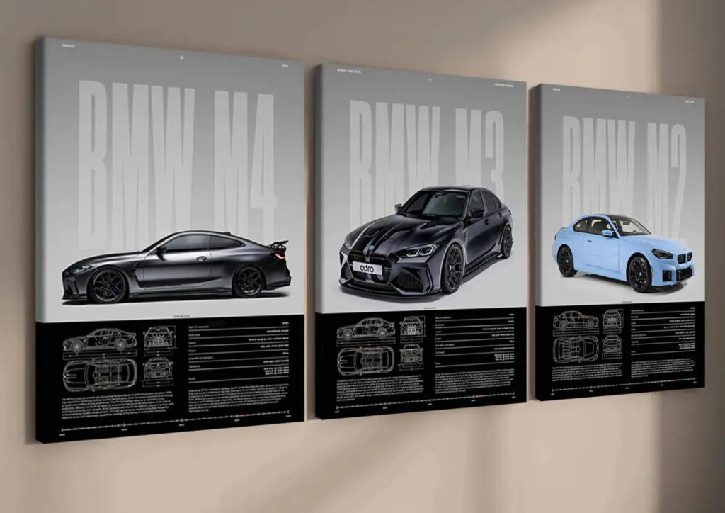 Three BMW M technical canvas prints displayed on a neutral wall