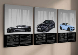 Three BMW M technical canvas prints displayed on a neutral wall