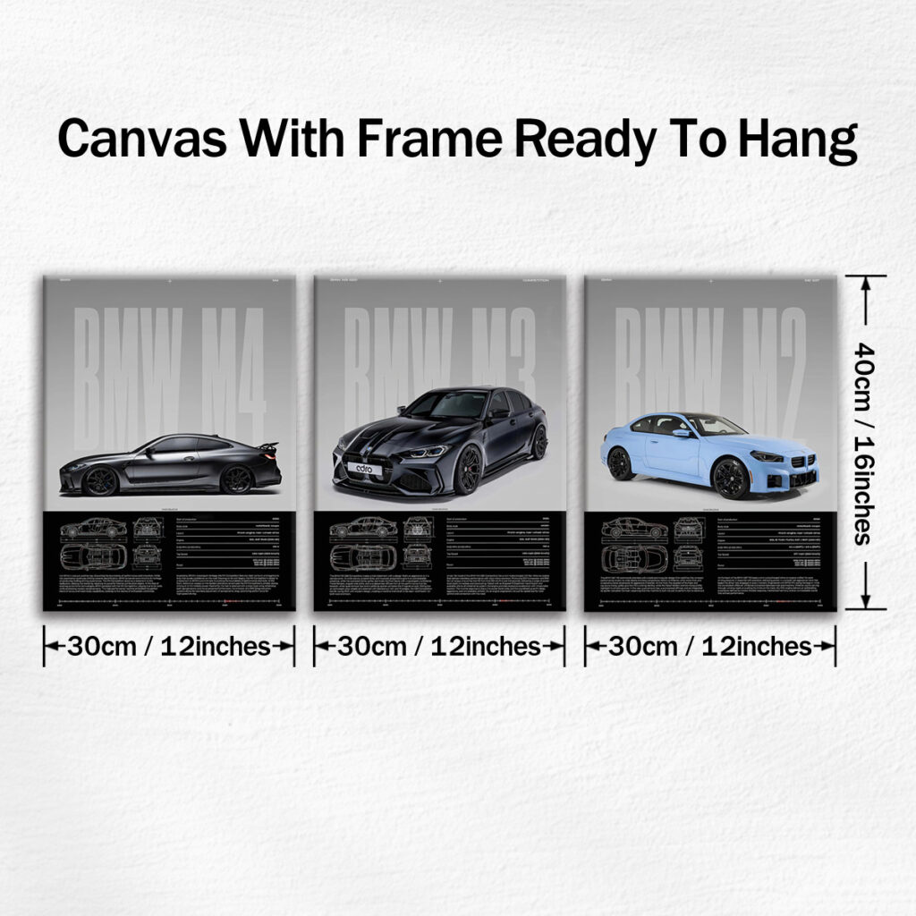 BMW M2 M3 and M4 canvas set measuring 12 by 16 inches each