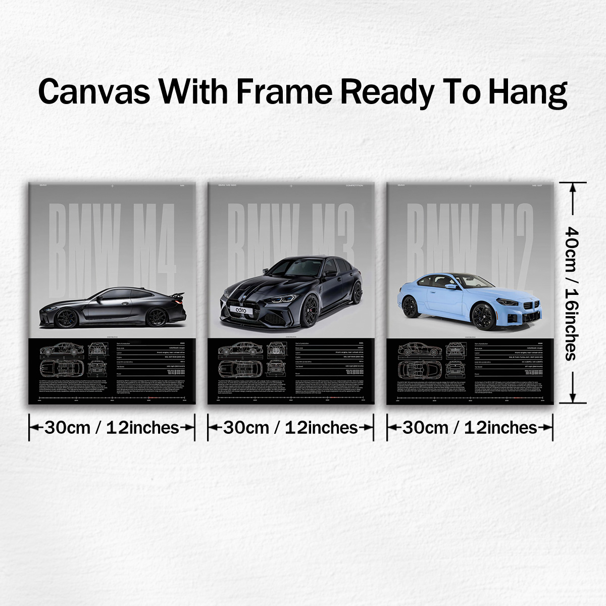 BMW M Series Canvas Wall Art Set with M2 M3 and M4 Performance Icons(30×40cm)