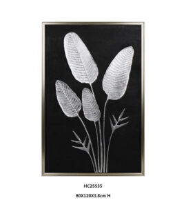 Framed silver botanical glass wall art with tall layered leaves
