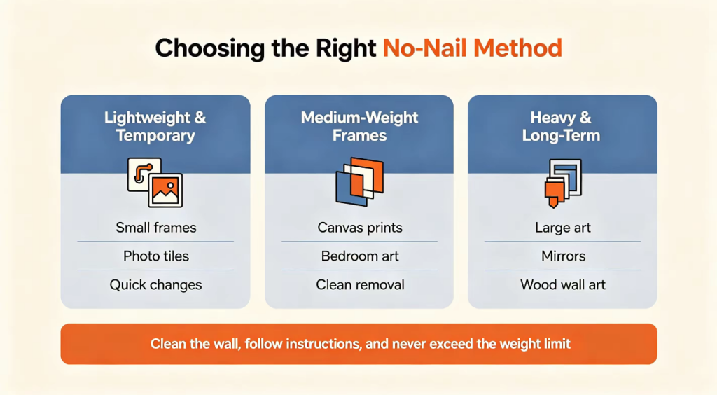 Choosing a no nail method for lightweight and heavy wall art