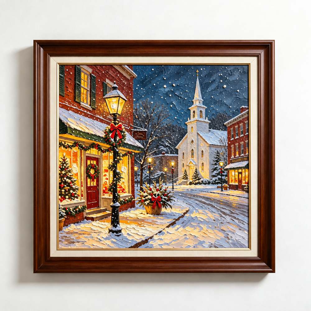 Hand-painted Christmas oil painting of a snowy village with a church and wreath