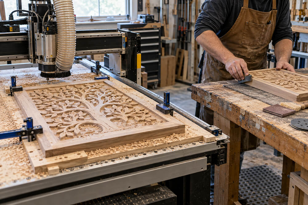 CNC carved wood panel beside hand finishing in a workshop