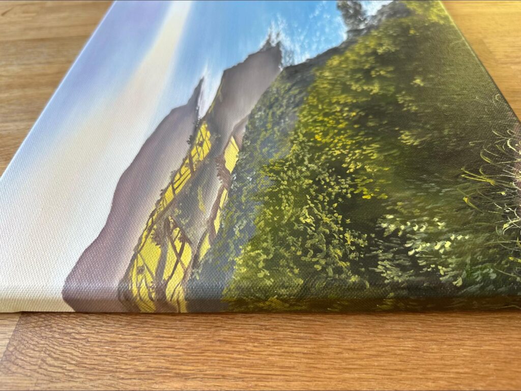 Hand painted coastal vegetation and cliff brushwork detail