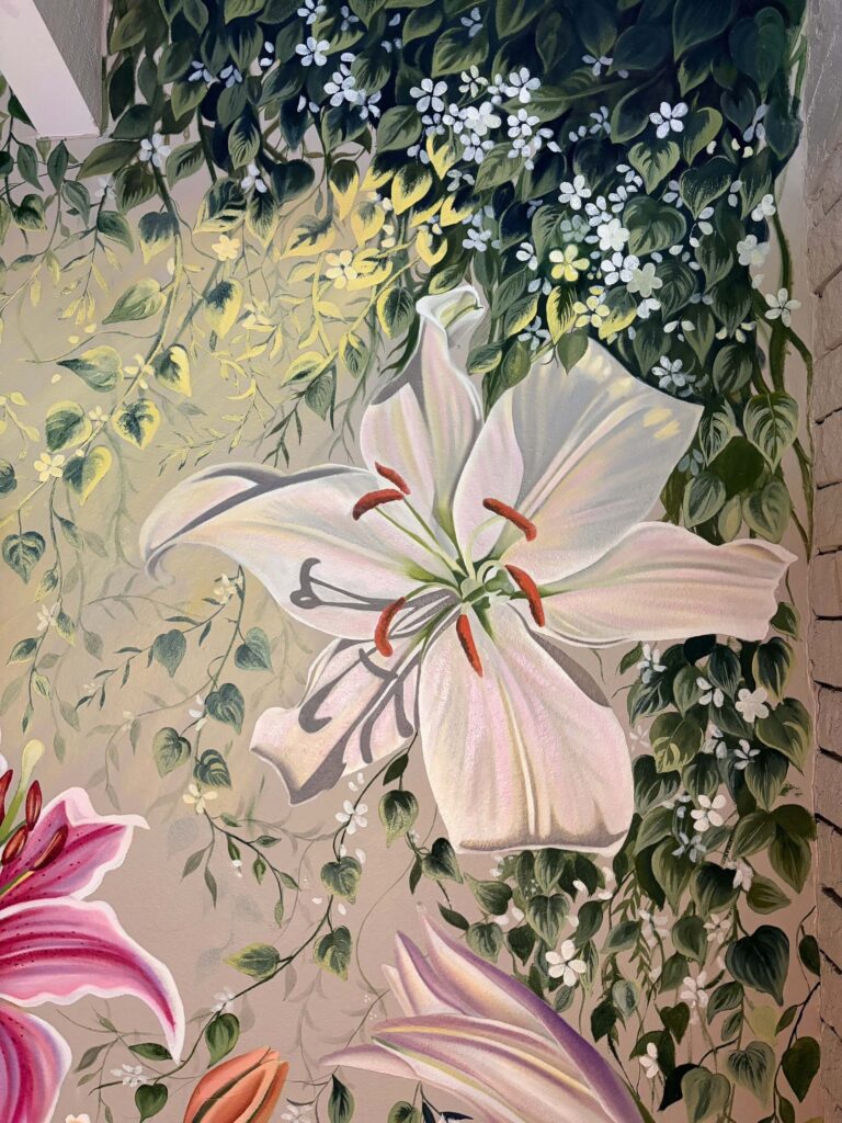 Lily Flower and Hummingbird Oil Painting with colorful layered foliage
