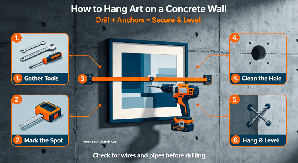 How to hang art on a concrete wall with tools and a level