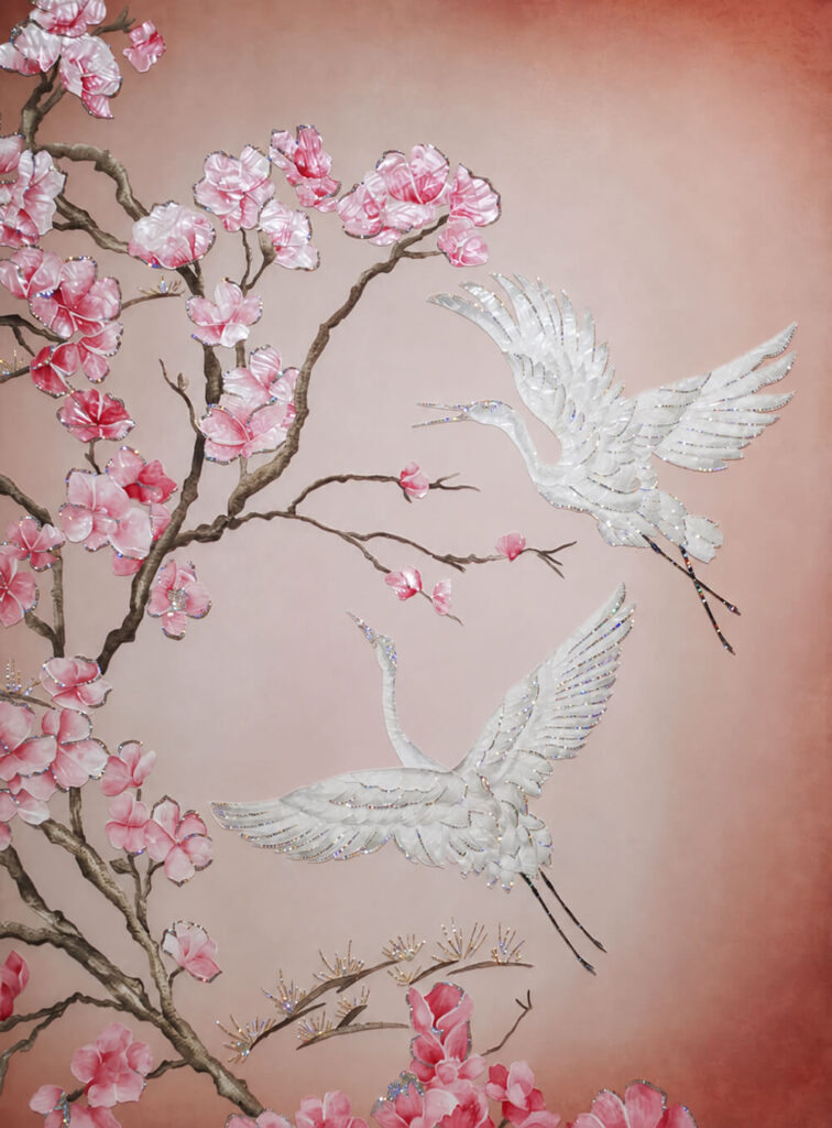 Mother of pearl cranes and blossoms with crystal accents
