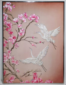 Crystal bird with flower wall art in a metal frame