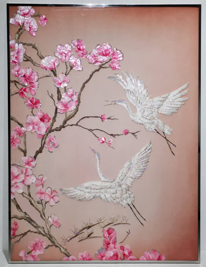 Crystal bird with flower wall art in a metal frame