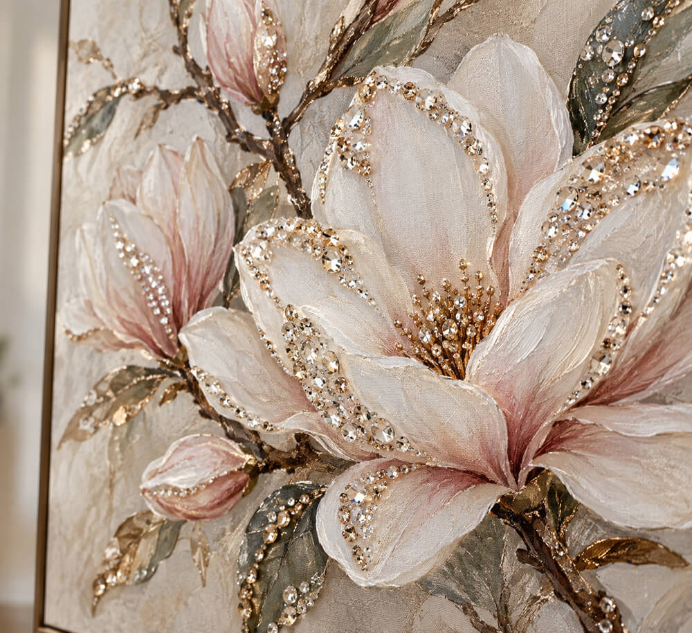 Close-up of crystal accents set into a painted floral canvas
