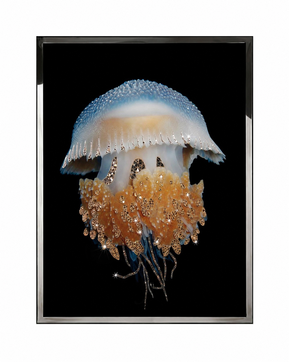 Blue and gold jellyfish wall art with crystal accents