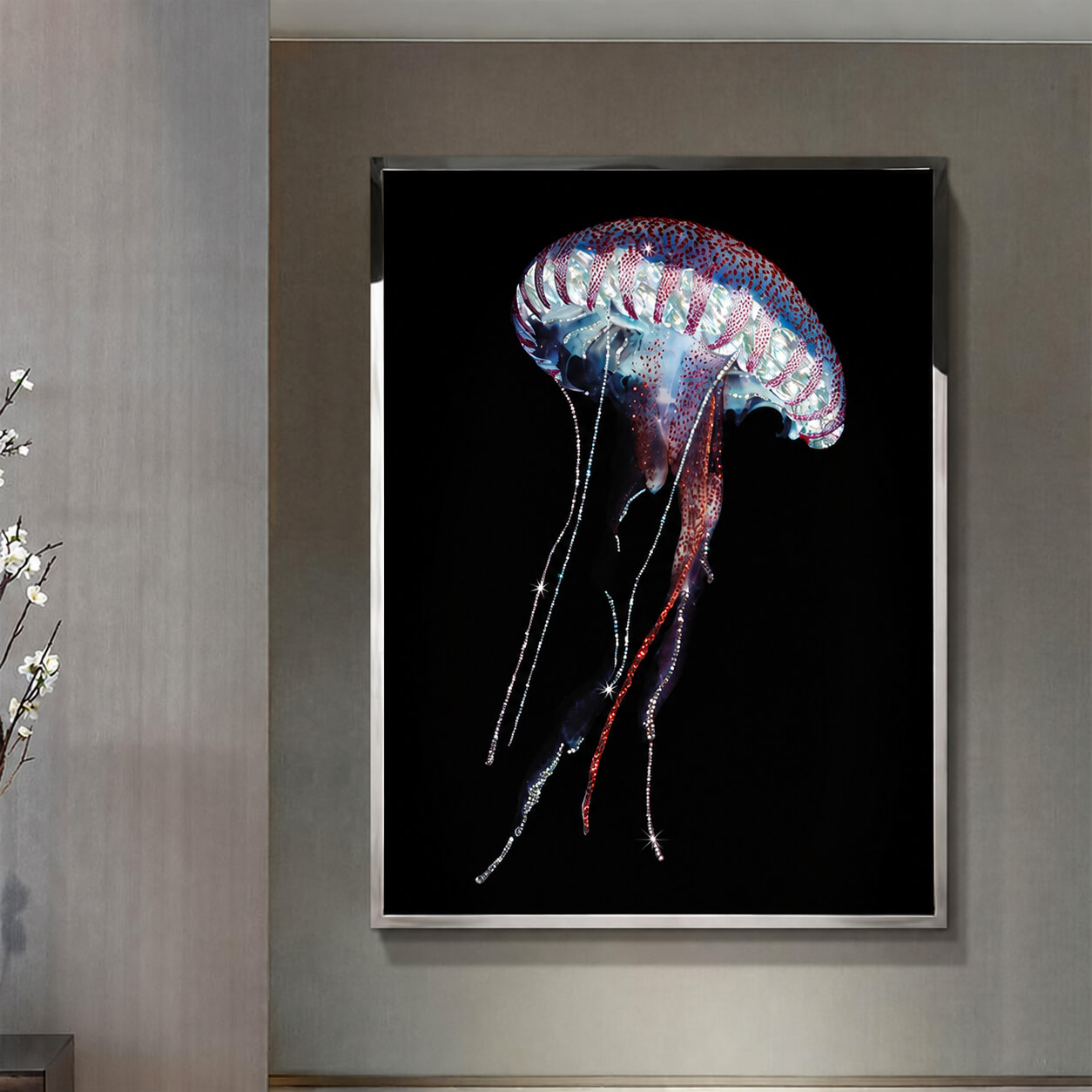 Gold Framed Luminous Jellyfish Wall Art with Crystal Accents