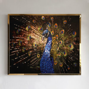 Close view of blue and gold crystal peacock wall art