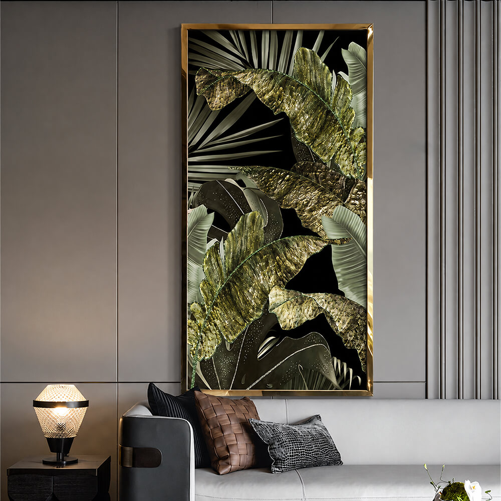 Crystal tropical leaf wall art above a modern sofa