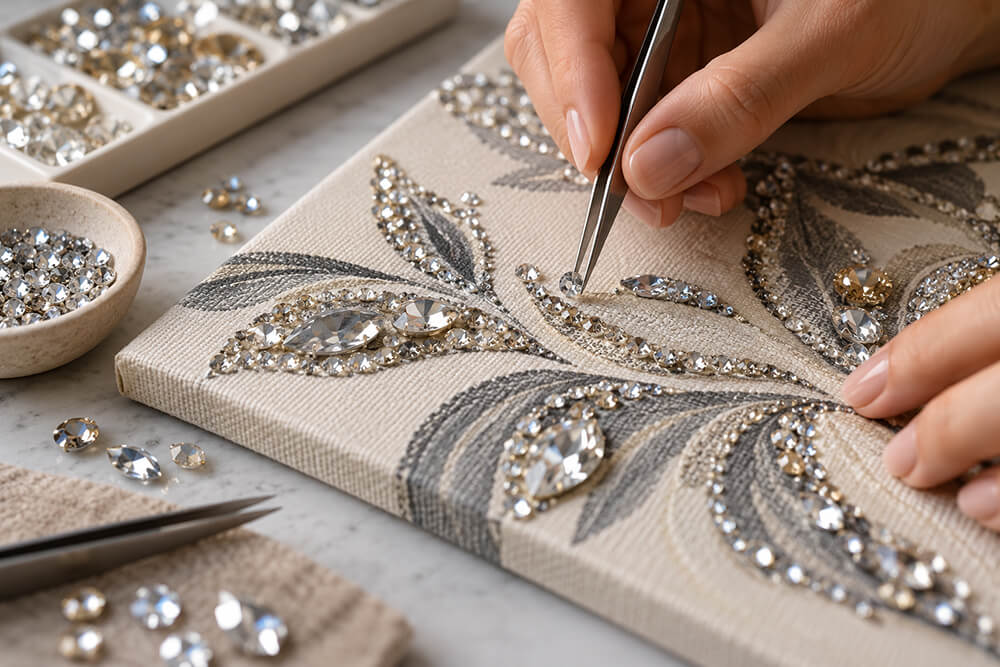 Artisan setting faceted crystals into a botanical canvas design