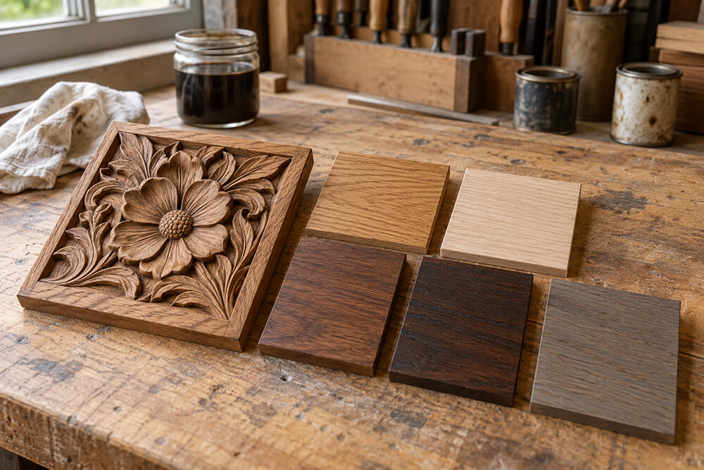 Carved wood sample with natural beige walnut and dark stain swatches