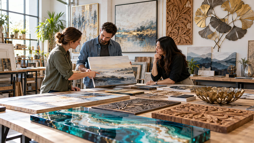 Artist compares a landscape canvas with color swatches and frame samples.