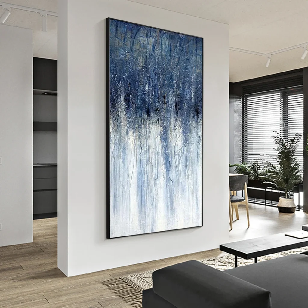 Dark blue abstract wall art in a modern interior