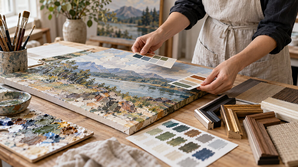 Team members review decorative wall art samples in a bright studio.